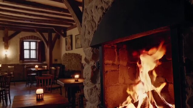 Rustic restaurant interior with stone fireplace creating warm evening dining atmosphere. seamless looping 4k video background