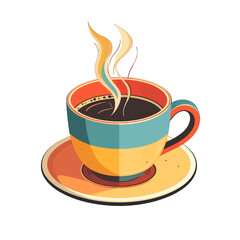 A Steaming Cup of Coffee on a Saucer with Blue Yellow and Orange Colors on a White Background