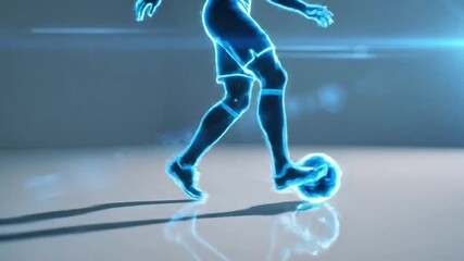 Dynamic Soccer Player Kicking Ball, Futuristic Style, Studio Setting, Digital Artwork - Powered by Adobe