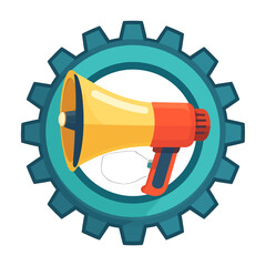 Illustration of Megaphone Inside a Teal Gear Symbolizing Announcement and Communication Strategy