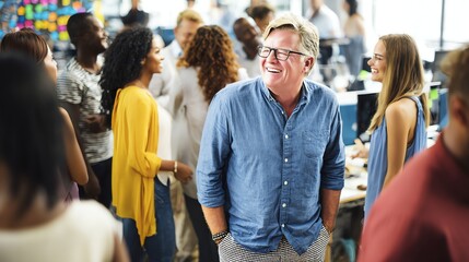 A diverse group of professionals engage in cheerful conversation within a modern, open-plan office, fostering a collaborative and positive work environment, radiating warmth and connection.