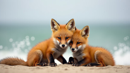 Red Fox Kits Cuddling on Sandy Beach Ocean Waves Adorable Wildlife Nature Animal Companionship