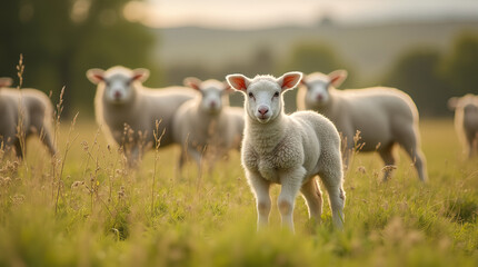Adorable Young Lamb Standing in Sunny Green Pasture with Sheep Flock Rural Farm Animal Agriculture Livestock Farming