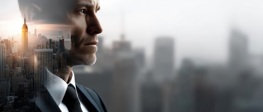 A thoughtful businessman stands against a blurred city skyline, blending professionalism with modern urban life.