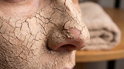 Detail of a person's face adorned with a dry, cracked mud mask, showcasing the texture and process of a natural skincare beauty regimen