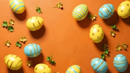 Vibrant Easter Eggs with Spring Flowers on Warm Orange Background for Festive Holiday Decoration