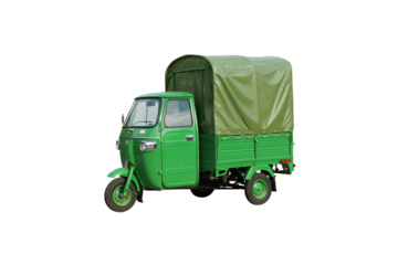 Green three wheeled auto rickshaw with cargo cover isolated on transparent background