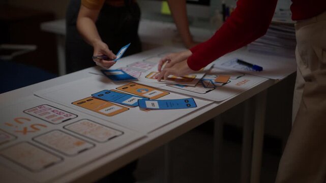 Team of user experience architects and developers collaborating, planning and brainstorming on a mobile application interface layout at night