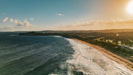 Aerial view of Mona Vale Beach, Northern Beaches NSW, Sydney, Australia. Suburbs and ocean.