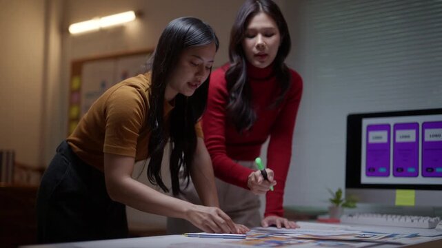 Two Asian female UX developers analyzing a user interface layout, collaborating on a new mobile phone application design in the office at night