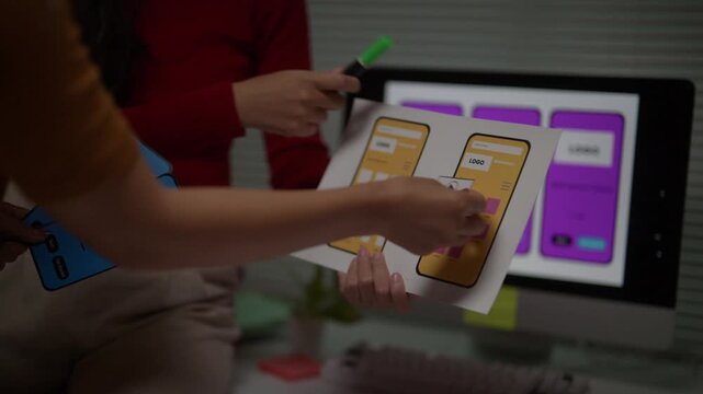 Creative team of developers discussing and brainstorming the user interface and user experience design for a new mobile application in the office
