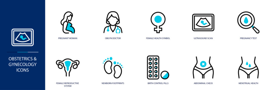 Obstetrics and Gynecology Blue Colored Outline Icon Set