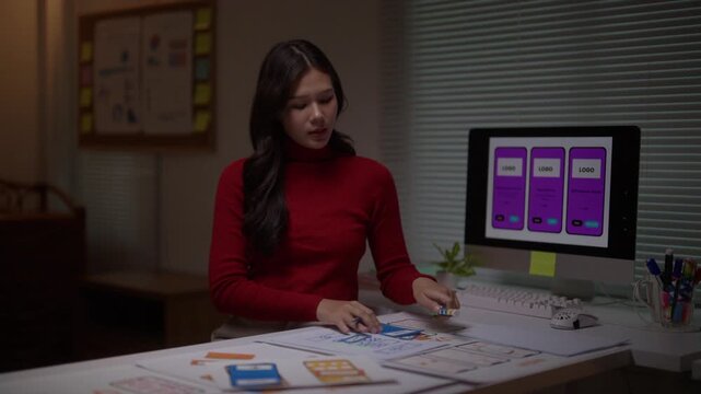 Focused asian female designer prototyping and creating a user experience wireframe for a mobile application while working late in the office