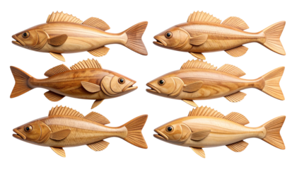Detailed wooden hand carved fish statues isolated on white background