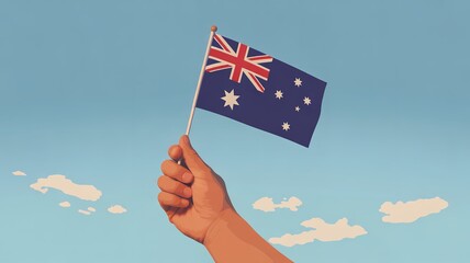 Hand holding australian flag against blue sky with white clouds patriotism national pride symbol