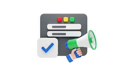 3D Icon: Megaphone, Checklist, and Progress Bars
