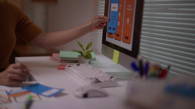 UX developer creating a user interface design for a mobile phone application. UI designer working on a creative project in a modern office