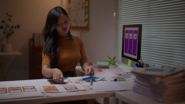 Young asian woman developing a mobile application, arranging user interface elements on a computer screen. Late night work session concept