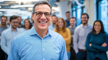 A smiling mature man stands confidently in the foreground, with a blurred group of diverse individuals behind him, suggesting a collaborative and positive work environment.