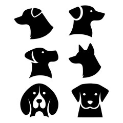Collection of six black dog head silhouettes in various breeds and poses on a white background