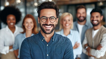 A diverse group of professionals radiates positivity and collaboration, captured in a bright, inviting portrait emphasizing teamwork and shared success within a modern office setting.