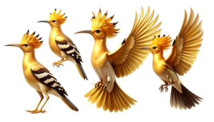 Stylized golden hoopoe birds with spread wings on white background