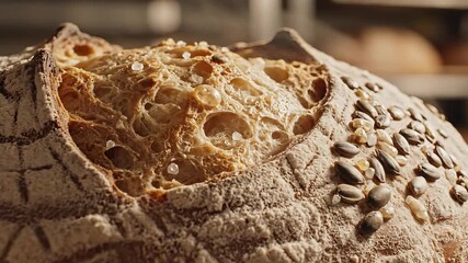 A beautifully crafted artisan sourdough bread loaf freshly baked with a goldenbrown crust revealing its airy open crumb structure and adorned with a generous sprinkle of pumpkin and sunflower seeds s.