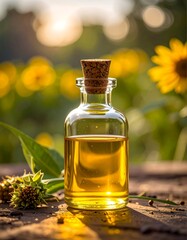 Sunflower Oil in Glass Bottle with Cork Stopper on Wooden Surface.