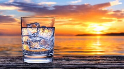 Refreshing glass of ice water at serene sunset beach