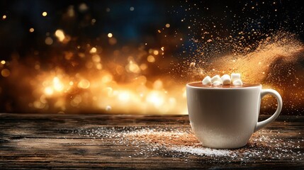 Cozy white mug of hot chocolate with marshmallows on wooden table