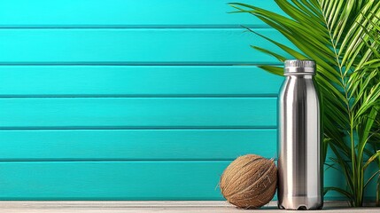 Stainless steel water bottle with coconut and palm leaves on turquoise wood