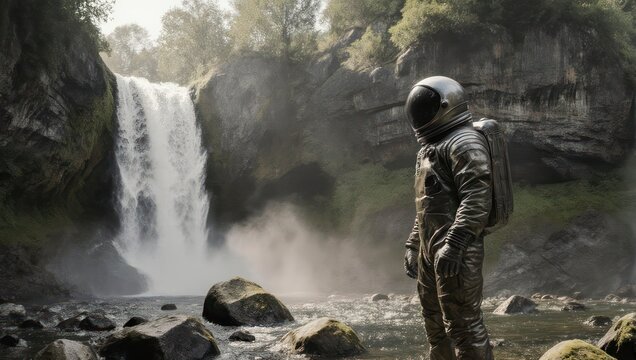 Astronaut exploring a lush waterfall in a vibrant alien jungle. - Powered by Adobe