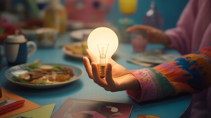 Hand Holding Light Bulb at Dinner