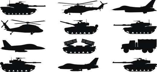 Modern military vehicle silhouettes set, tanks helicopters fighter jets and armored transport isolated on white background for defense design projects © Shahariar's World