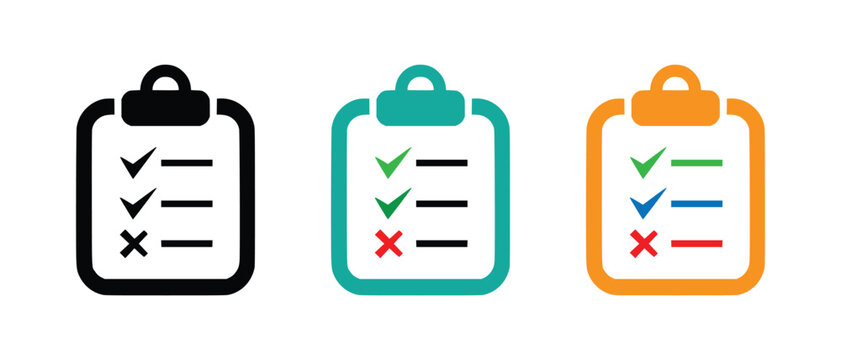 Clipboard checklist icons set with checkmarks and x marks vector set