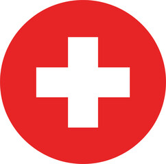 Obraz premium Red circular first aid medical cross icon for healthcare emergency services, hospital clinical assistance, pharmacy medicine symbol, and safety rescue signs isolated on white background.