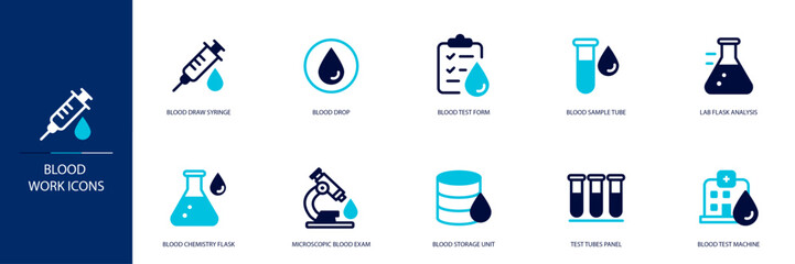 Blood Work Blue Colored Outline Icon Set