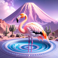 Flamingo futurista parado en un lago tipo vortex, atr&aacute;s de &eacute;l un desierto con un volc&aacute;n 