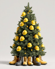 Christmas tree made entirely of realistic green pine branches, decorated with yellow industrial safety helmets used as Christmas ornaments. At the base of the tree, high-quality safety boots 