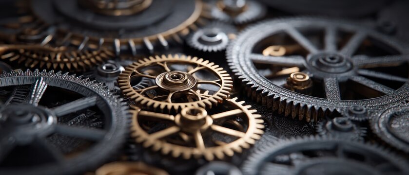 Close up of interlocking gears with gold and silver details mechanical background