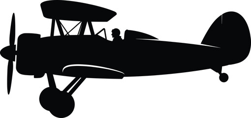 Vintage biplane aircraft silhouette with pilot isolated on white background aviation history classic airplane flight retro transport illustration