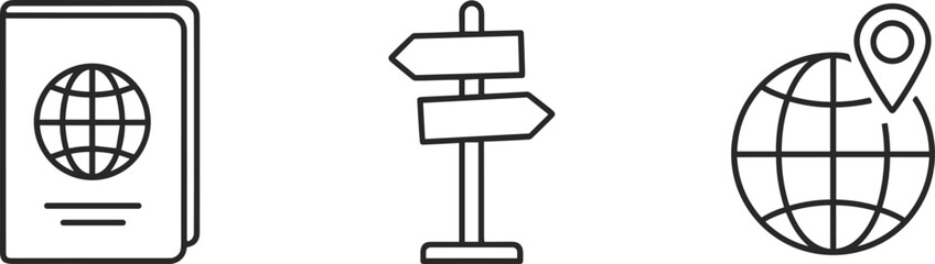 Global travel and navigation line icon set featuring international passport world globe with location pin and directional road signpost for tourism © MstBabli