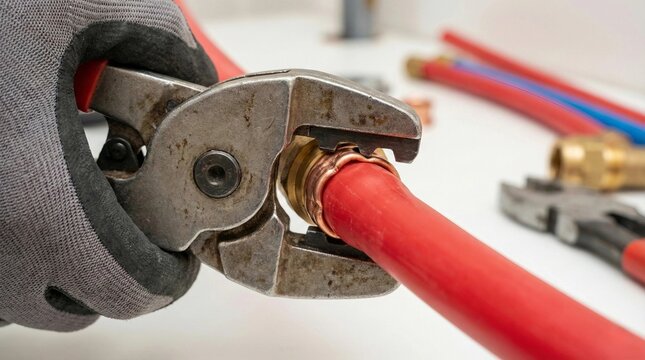 Plumber hands using crimping tool to secure red PEX pipe connection