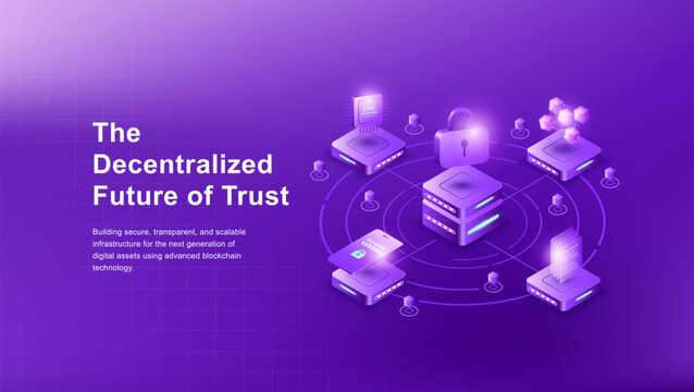 Isometric blockchain technology concept with secure data server and encryption.