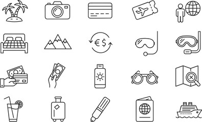 Summer vacation and travel leisure line icon set featuring tropical island camera flight ticket hotel bed cruise ship diving mask and currency exchange © MstBabli