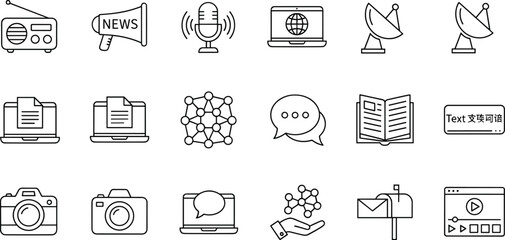 Mass communication and social media line icon set featuring radio megaphone microphone satellite dish digital networking laptop chat bubbles and mailbox symbols