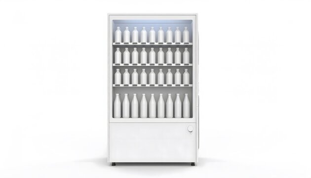 Minimalist white vending machine filled with white bottles on a white background