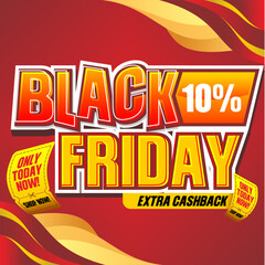 Black Friday Sale discount Off Banner. Red wavy background with extra cashback text. Bold orange typography vector illustration.