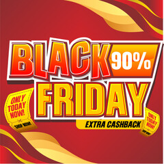 Black Friday Sale discount Off Banner. Red wavy background with extra cashback text. Bold orange typography vector illustration.