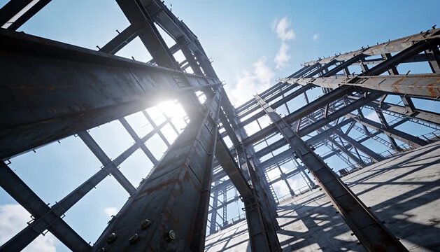 Steel building framework industrial progress architecture showcases intricate captured low angle, structure construction, looking sky, metal beams.